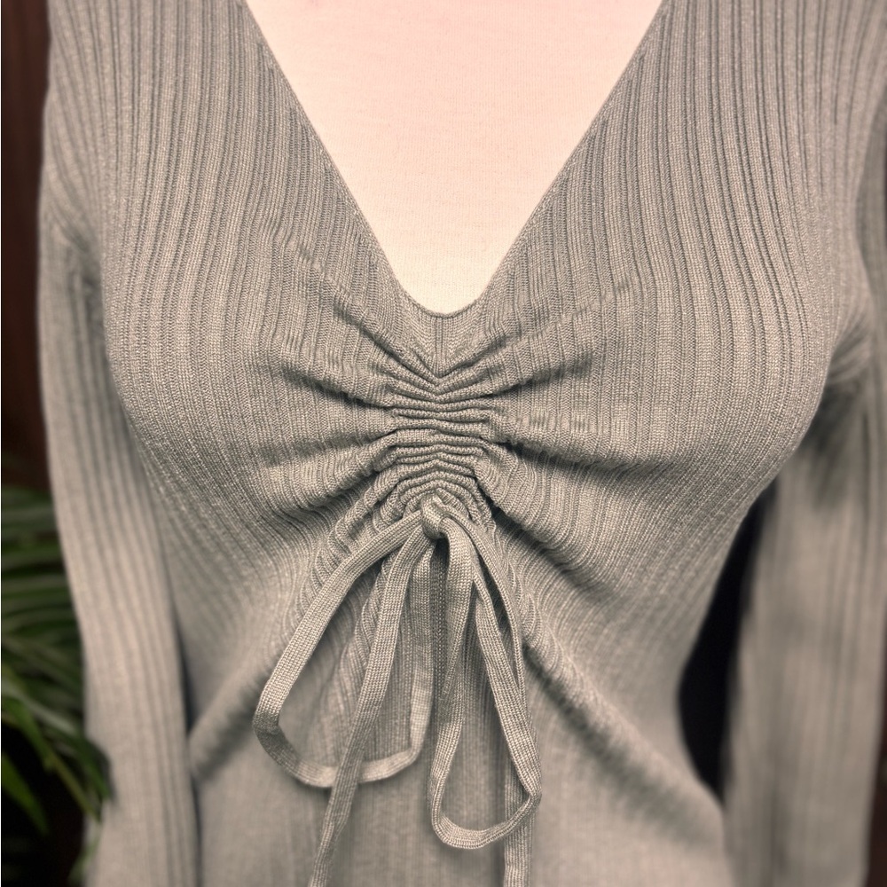 Deep Self Olive Ribbed Ruched Tie Front Midi Sweater Dress - Picture 3 of 13